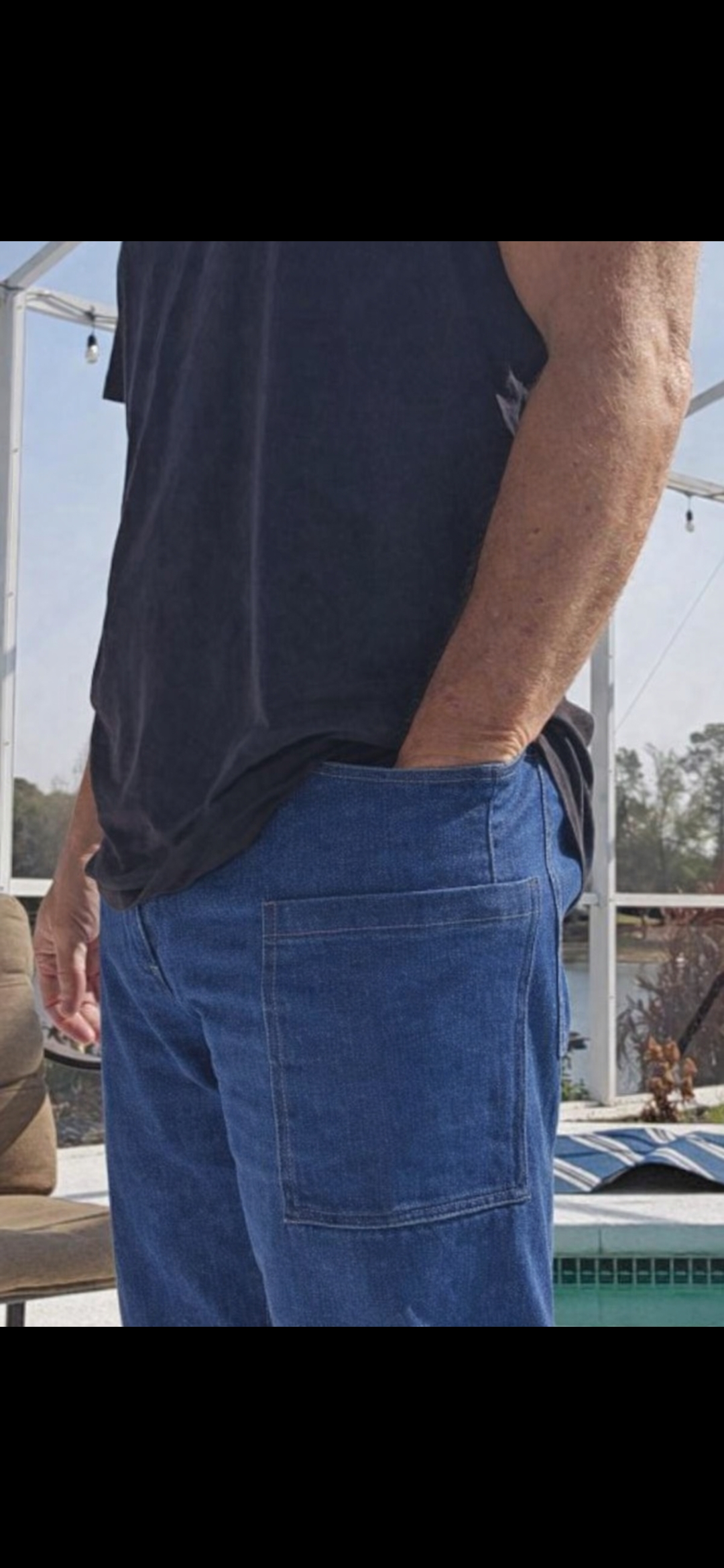 Gunpant side-leg concealed carry pocket placement along outer thigh seam